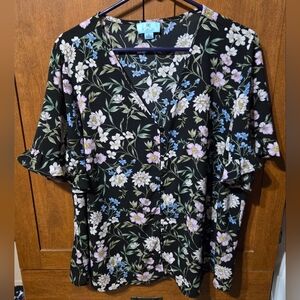 CeCe Black Blouse with Floral Print